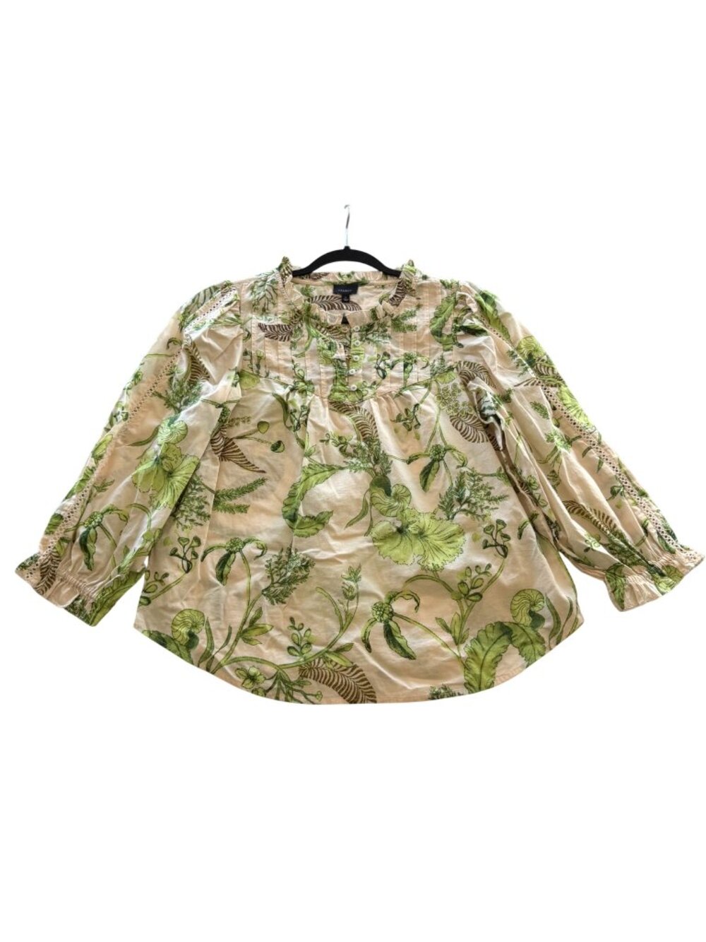 Talbots Lace Trim Pintuck Top S Woman Branching Floral Green Beige Leaves Floral